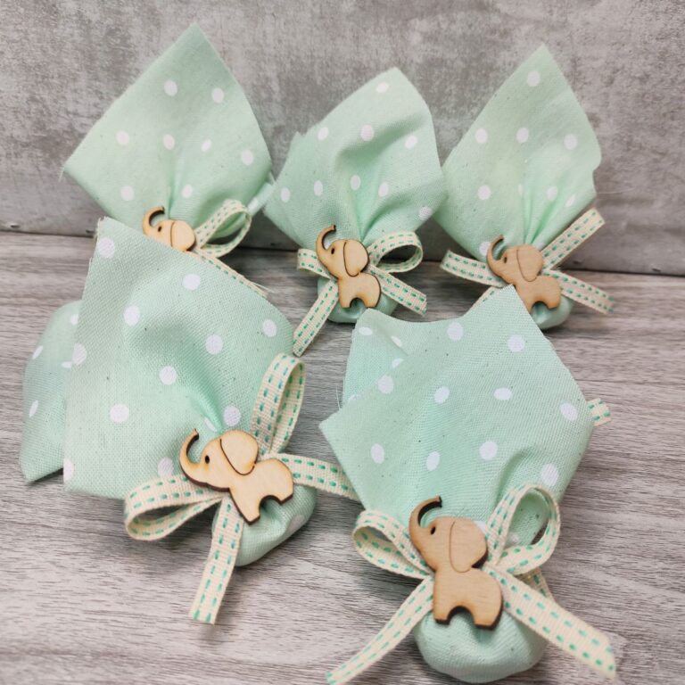 baby shower favors mint green polka dot with wooden elephant